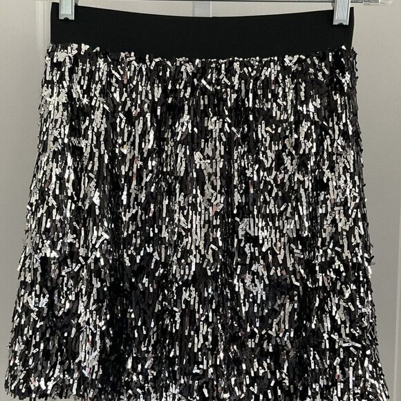 NWT Stella & Dot | Black & Silver Sequin Fringe Day to Night Pull-On Skirt - Picture 1 of 6